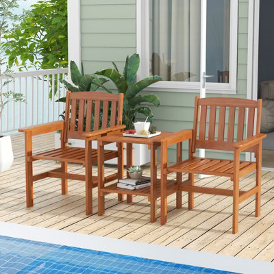 Costway 3 PCS Patio Bistro Table and Chairs Set Wood Outdoor Conversation Set w/ Umbrella Hole
