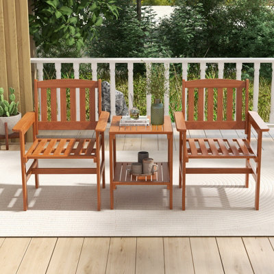 Costway 3 PCS Patio Bistro Table and Chairs Set Wood Outdoor Conversation Set w/ Umbrella Hole