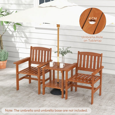 Costway 3 PCS Patio Bistro Table and Chairs Set Wood Outdoor Conversation Set w/ Umbrella Hole