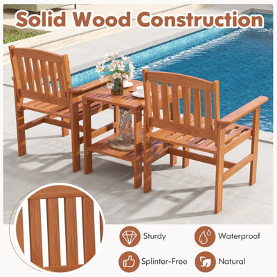 Costway 3 PCS Patio Bistro Table and Chairs Set Wood Outdoor Conversation Set w/ Umbrella Hole