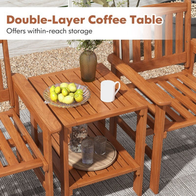 Costway 3 PCS Patio Bistro Table and Chairs Set Wood Outdoor Conversation Set w/ Umbrella Hole