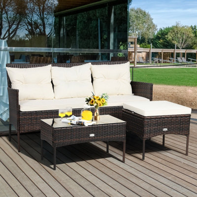 Costway 3 PCS Patio Rattan Conversation Set 3 Seater Garden Corner Sofa Set W/ Coffee Table