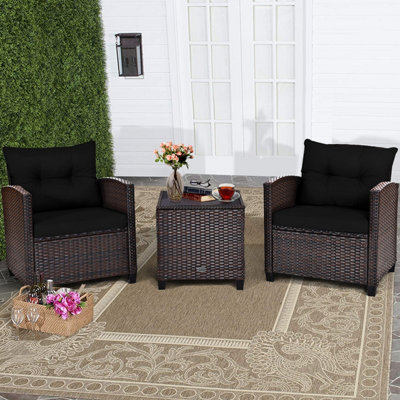 Costway 3 Pcs Patio Rattan Sofa Chair & Table Set Outdoor Wicker Bistro Set-Black