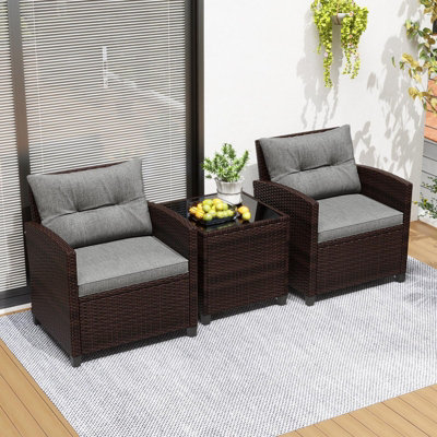 Costway 3 Pcs Patio Rattan Sofa Chair & Table Set Outdoor Wicker Bistro Set-Grey