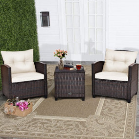 Costway 3 Pcs Patio Rattan Sofa Chair & Table Set Outdoor Wicker Bistro Set-White