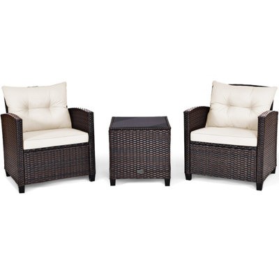 Costway 3 Pcs Patio Rattan Sofa Chair & Table Set Outdoor Wicker Bistro Set-White