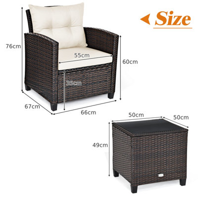 Costway 3 Pcs Patio Rattan Sofa Chair & Table Set Outdoor Wicker Bistro Set-White