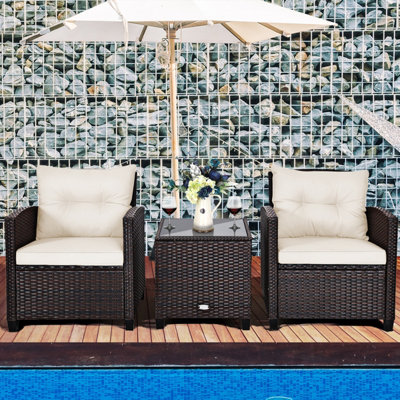 Costway 3 Pcs Patio Rattan Sofa Chair & Table Set Outdoor Wicker Bistro Set-White