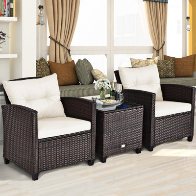 Costway 3 Pcs Patio Rattan Sofa Chair & Table Set Outdoor Wicker Bistro Set-White