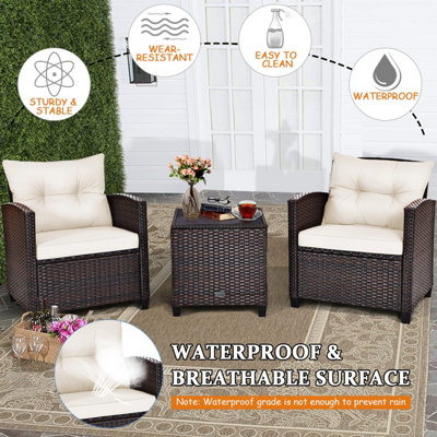 Costway 3 Pcs Patio Rattan Sofa Chair & Table Set Outdoor Wicker Bistro Set-White
