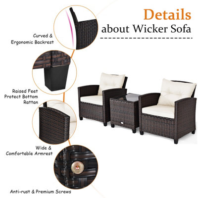 Costway 3 Pcs Patio Rattan Sofa Chair & Table Set Outdoor Wicker Bistro Set-White