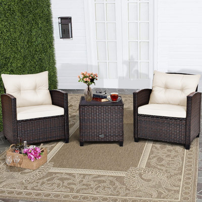 Costway 3 Pcs Patio Rattan Sofa Chair & Table Set Outdoor Wicker Conversation Set-White