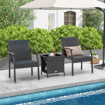 Costway 3 PCS Patio Wicker Chair Set Outdoor Rattan Conversation Set w/ Padded Seat