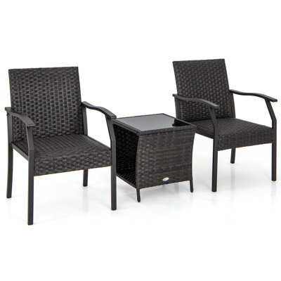 Costway 3 PCS Patio Wicker Chair Set Outdoor Rattan Conversation Set w/ Padded Seat