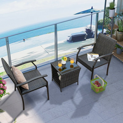 Costway 3 PCS Patio Wicker Chair Set Outdoor Rattan Conversation Set w/ Padded Seat - 4