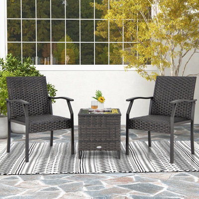 Costway 3 PCS Patio Wicker Chair Set Outdoor Rattan Conversation Set w/ Padded Seat - 5