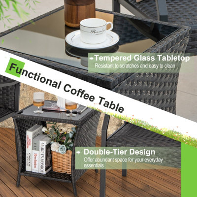 Costway 3 PCS Patio Wicker Chair Set Outdoor Rattan Conversation Set w/ Padded Seat - 8