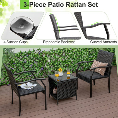 Costway 3 PCS Patio Wicker Chair Set Outdoor Rattan Conversation Set w/ Padded Seat - 9