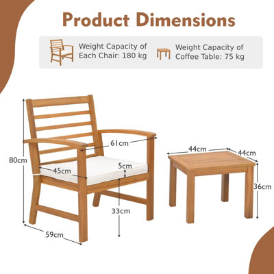 Costway 3 Piece Acacia Wood Patio Conversation Set 2-Person Outdoor Furniture Set w/ Coffee Table