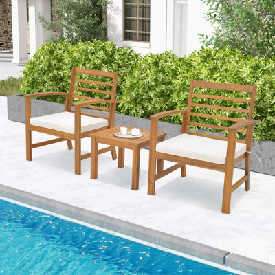 Costway 3 Piece Acacia Wood Patio Conversation Set 2 Person Outdoor Furniture Set w Coffee Table