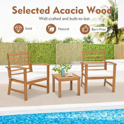 Costway 3 Piece Acacia Wood Patio Conversation Set 2-Person Outdoor Furniture Set w/ Coffee Table