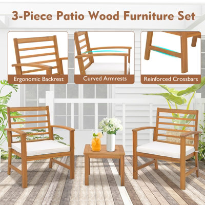 Costway 3 Piece Acacia Wood Patio Conversation Set 2-Person Outdoor Furniture Set w/ Coffee Table