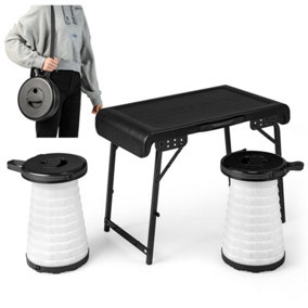 Costway 3-Piece Folding Table Stool Set w/ a Camping Table & 2 Retractable LED Stools
