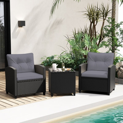 COSTWAY 3 Piece Patio Bistro Set Rattan Conversation Set w/ Soft Seat-Grey