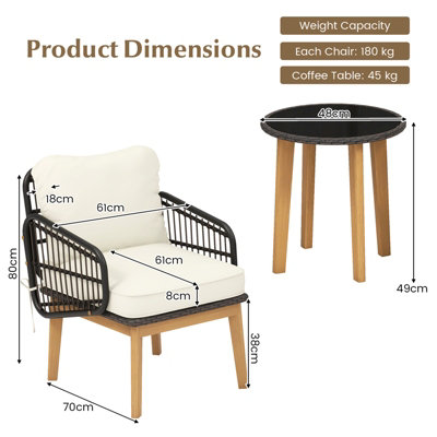 Costway 3 Piece Patio Chair Set Outdoor Rattan Bistro Set with Removable Cushion - 3