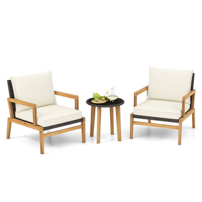Costway 3 Piece Patio Conversation Set Wicker Chair & Side Table Set w/ Soft Cushions