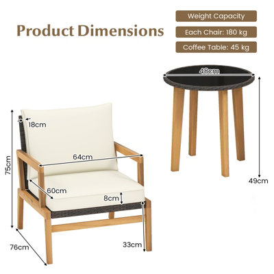 Costway 3 Piece Patio Conversation Set Wicker Chair & Side Table Set w/ Soft Cushions - 3