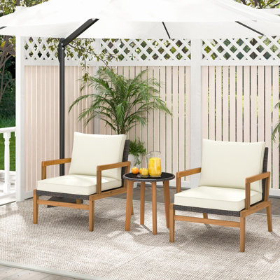 Costway 3 Piece Patio Conversation Set Wicker Chair & Side Table Set w/ Soft Cushions - 4