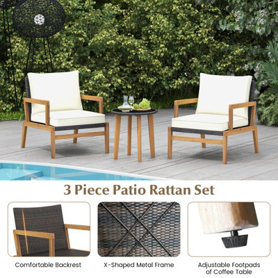 Costway 3 Piece Patio Conversation Set Wicker Chair & Side Table Set w/ Soft Cushions - 8