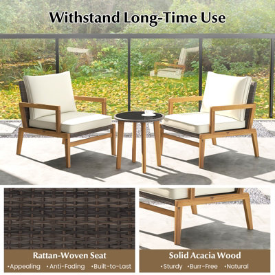 Costway 3 Piece Patio Conversation Set Wicker Chair & Side Table Set w/ Soft Cushions - 9