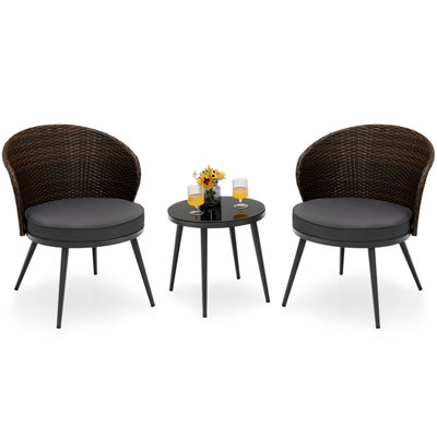 Costway 3 Piece Patio Rattan Bistro Set for Outdoor W/ Coffee Table & 2 Seat Cushions