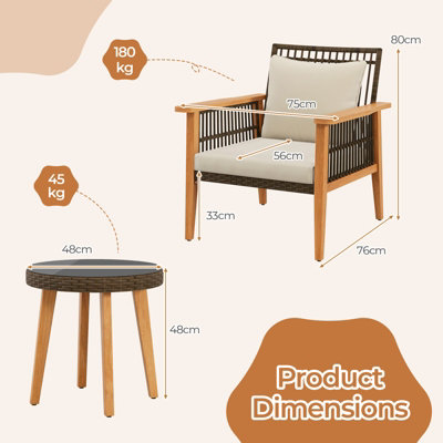 Costway 3 Piece Patio Rattan Furniture Set Outdoor Wicker Table Chair Set