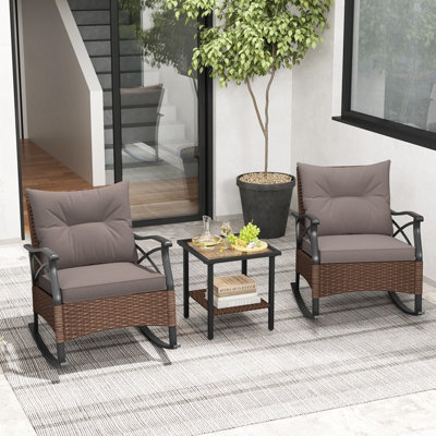 Costway 3 Piece Patio Rocker Set Outdoor Rattan Rocking Chairs w/ Coffee Table & Cushions