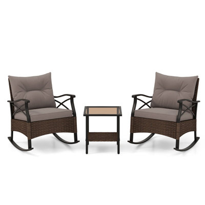 Costway 3 Piece Patio Rocker Set Outdoor Rattan Rocking Chairs w/ Coffee Table & Cushions