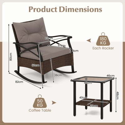 Costway 3 Piece Patio Rocker Set Outdoor Rattan Rocking Chairs w/ Coffee Table & Cushions