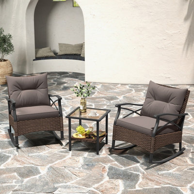 Costway 3 Piece Patio Rocker Set Outdoor Rattan Rocking Chairs w/ Coffee Table & Cushions