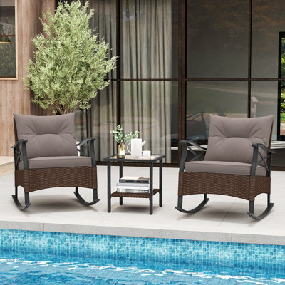 Costway 3 Piece Patio Rocker Set Outdoor Rattan Rocking Chairs w/ Coffee Table & Cushions