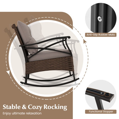Costway 3 Piece Patio Rocker Set Outdoor Rattan Rocking Chairs w/ Coffee Table & Cushions