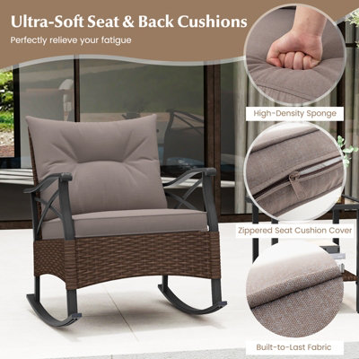 Costway 3 Piece Patio Rocker Set Outdoor Rattan Rocking Chairs w/ Coffee Table & Cushions