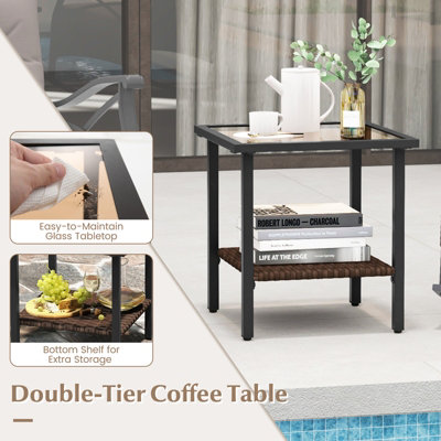 Costway 3 Piece Patio Rocker Set Outdoor Rattan Rocking Chairs w/ Coffee Table & Cushions