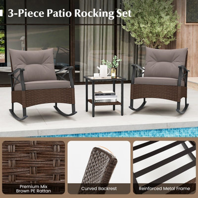 Costway 3 Piece Patio Rocker Set Outdoor Rattan Rocking Chairs w/ Coffee Table & Cushions