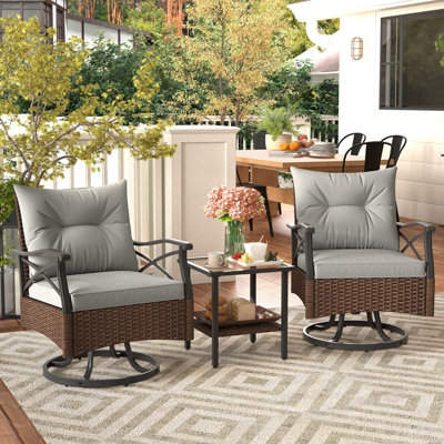 Costway 3 Piece Patio Swivel Rocker Set Wicker Rocking Chairs w/ 2-Tier Coffee Table