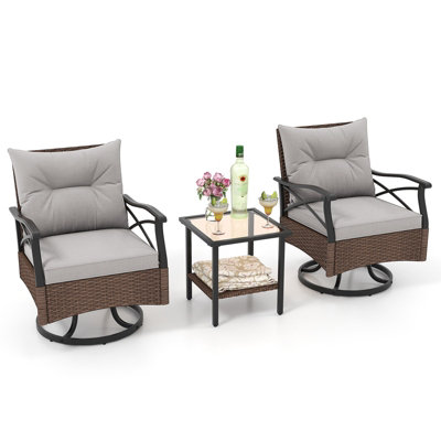 Costway 3 Piece Patio Swivel Rocker Set Wicker Rocking Chairs w/ 2-Tier Coffee Table