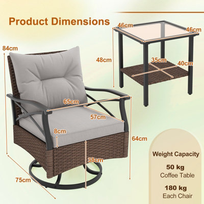 Costway 3 Piece Patio Swivel Rocker Set Wicker Rocking Chairs w/ 2-Tier Coffee Table