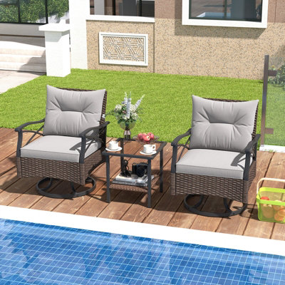Costway 3 Piece Patio Swivel Rocker Set Wicker Rocking Chairs w/ 2-Tier Coffee Table