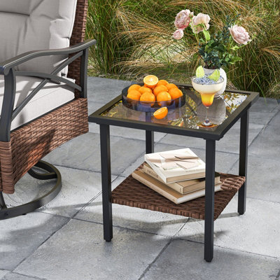 Costway 3 Piece Patio Swivel Rocker Set Wicker Rocking Chairs w/ 2-Tier Coffee Table